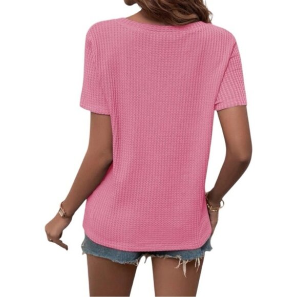 SHEIN Light Pink Ribbed V-Neck Short Sleeve T-Shirt | L - Picture 2 of 12